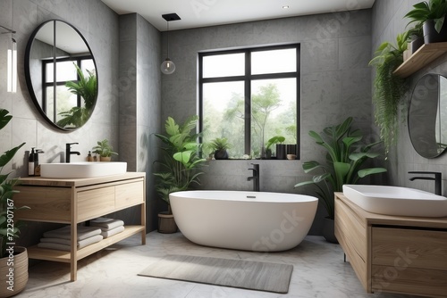 Stylish bathroom interior with countertop  shower stall and houseplants