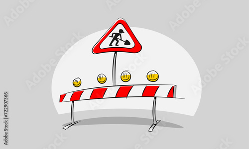 Baustellenschranke mit Verkehrsschild Achtung Baustelle