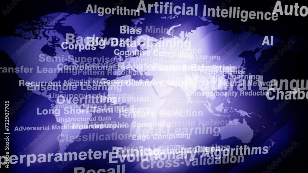 Technology ai algorithm inscription on world map exploring deep learning neural networks and algorithms for decision making with concern for bias, insecurity, and uncertainty