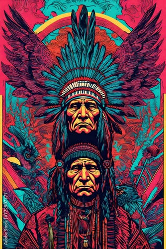 a vintage retro psychedelic black light concert gig band music poster featuring an Indian chief, native, aboriginal, native American © freelanceartist