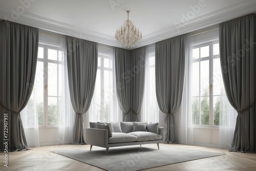 Windows with stylish curtains in living room interior photo