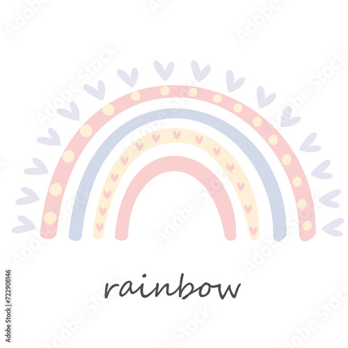Cute hand drawn rainbow with hearts and text. Vector illustration.