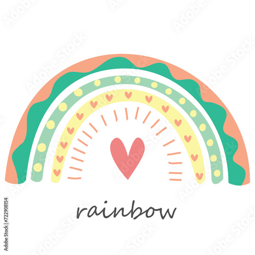 Rainbow with heart. Hand drawn vector illustration in scandinavian style.