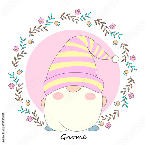 Cute gnome in a hat with flowers. Vector illustration.