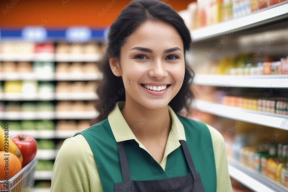 Portrait of smiling female customer looking at camera while standing in supermarket
