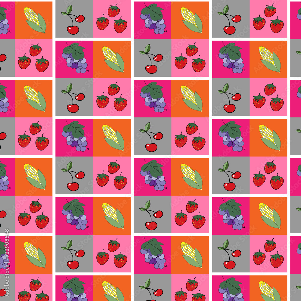 Image of a fruit pattern in a multi-colored square frame.