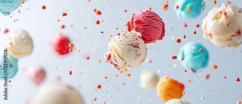 Assorted colorful Scoops of ice cream in various flavors levitating mid-air with vibrant sprinkles and playful color bursts against a white background