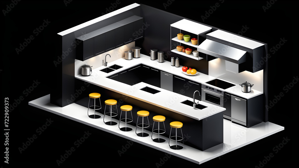 3d render of an interior modern kitchen. cafeteria kitchen icon. isolated on a black background. With black copy space