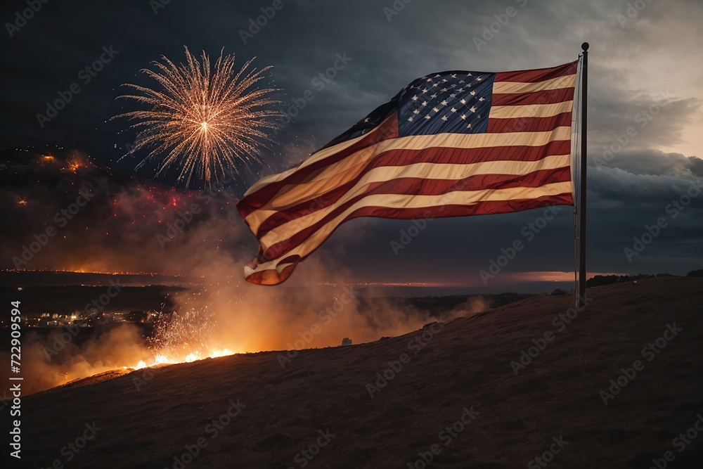 Obraz premium United States Flag, lots of fire works against the darkened sky