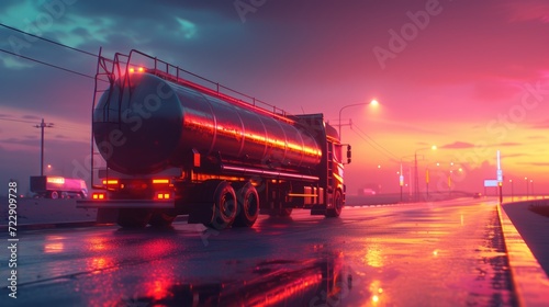 Big fuel tanker truck shipping fuel on highway road in motion. Gasoline tanker, oil trailer, fast driving