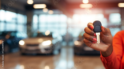The hand of a woman in a red suit holds the key to a new car on a blurred background in a car showroom. copy space