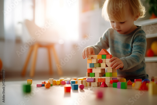 Child plays with cubes. Early development. Childhood. Kid and baby