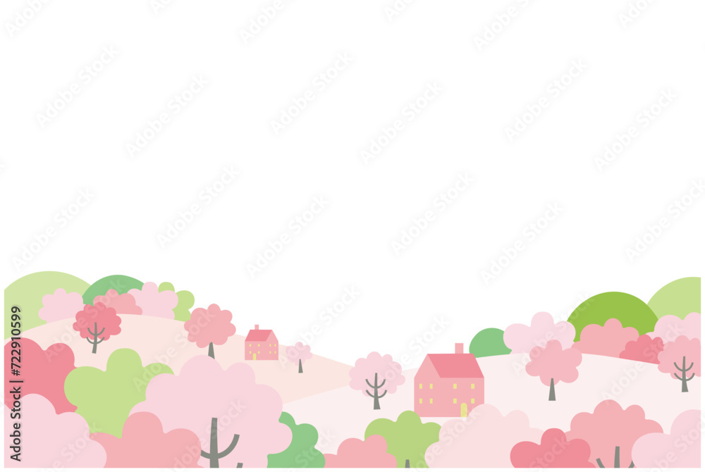 桜のある春の街並み風景イラスト 桜のある春の街並み風景イラスト