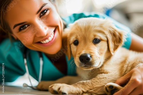A cheerful woman in a vet uniform cuddles with an adorable golden retriever puppy, showcasing a bond of trust and affection.