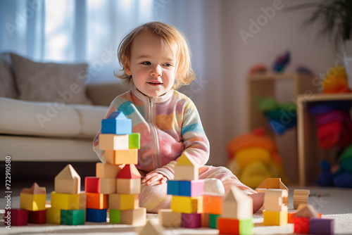 Child plays with cubes. Early development. Childhood. Kid and baby