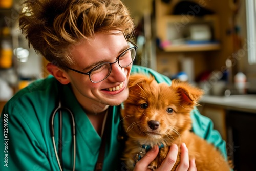 Young male veterinarian enjoying a moment with a cute fluffy puppy in a vet clinic, showing love and care for animals.