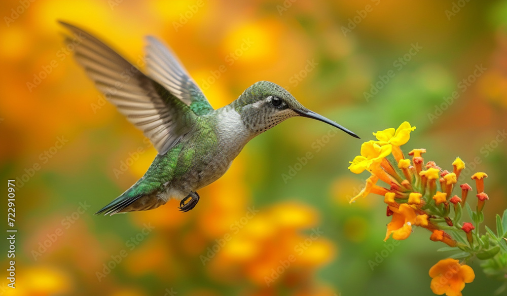 Fototapeta premium A hummingbird flying over a yellow flower with its wings spread. Generative AI