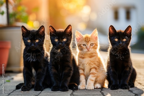 Four adorable kittens sitting together outdoors  with the sunlight casting a warm glow on their furry faces.