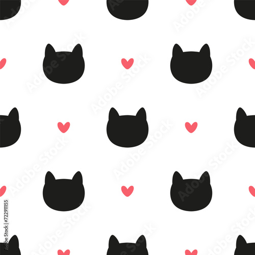 Seamless pattern with black cat heads and red hearts