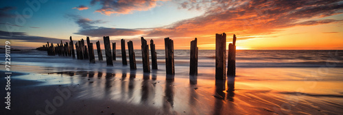 A tranquil scene of a broken wooden jetty stretching out into the golden sea
