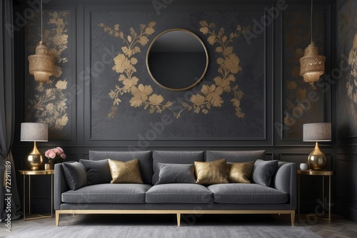 dark living room interior with floral wallpaper, molding on wall and gold lamp © Dhiandra