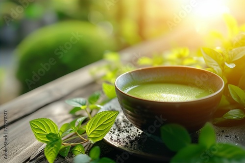 美しい日本風の背景と抹茶のイメージ（緑茶・茶道・庭園） photo