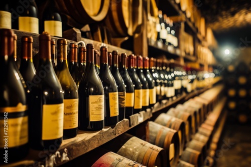Elegant wine cellar with a collection of bottles on wooden shelves and oak barrels, showcasing variety and vintage. photo