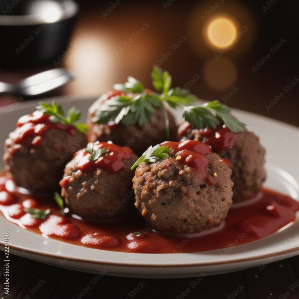 Savory Meatballs in Tomato Sauce Garnished with Parsley