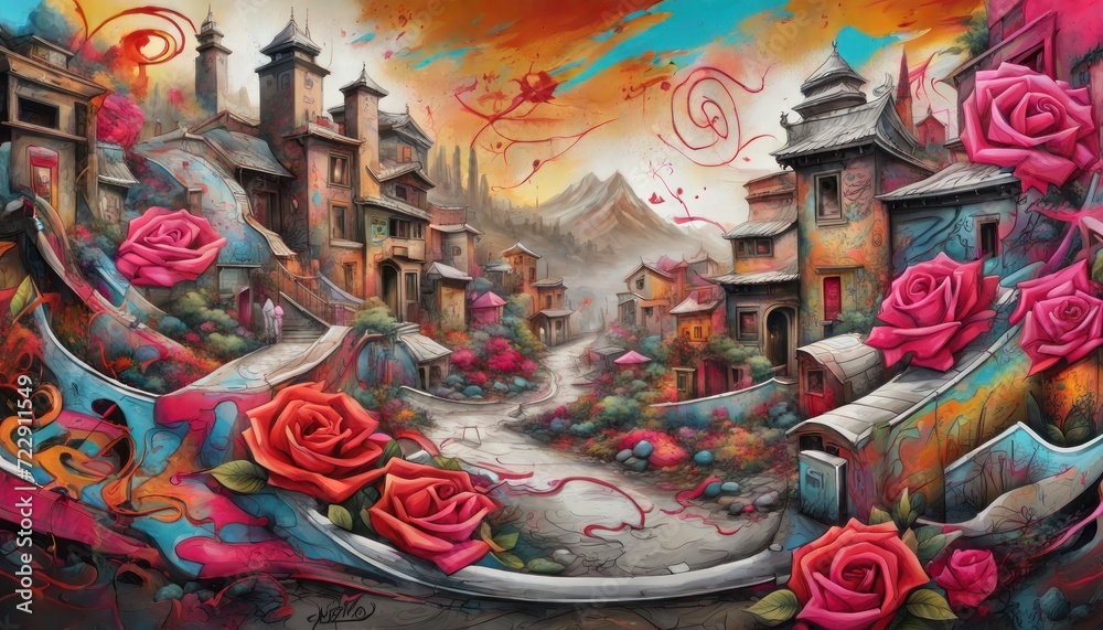Fantasy Village with Oversized Roses and Vibrant Color Palette