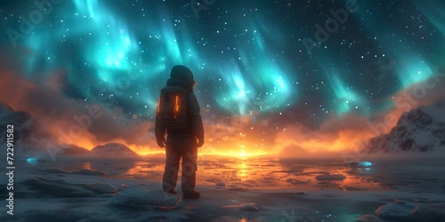 Lone explorer against a majestic aurora in a frozen wilderness. a moment of solitude and reflection. epic adventure scene. AI