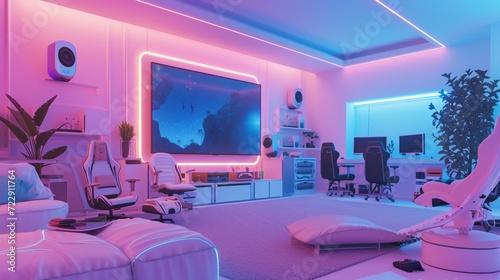 A pastel-colored gaming room with neon accents, comfortable gaming chairs, and a wall-sized screen.