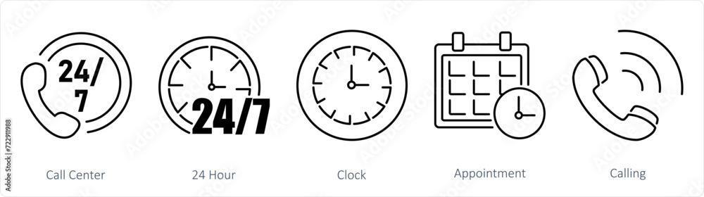 A set of 5 Contact icons as call center, 24 hour, clock