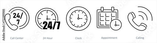 A set of 5 Contact icons as call center, 24 hour, clock