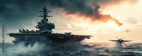 panoramic view of a generic military aircraft carrier ship with fighter jets take off during a special operation at a warzone, wide poster design with, Generative AI