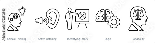 A set of 5 Critical Thinking icons as critical thinking, active listening, identifying errors