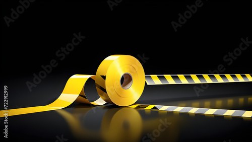 company industrial barrier tape. isolated on a black background. With black copy space. danger unsafety area caution do not enter yellow stripe tape  photo