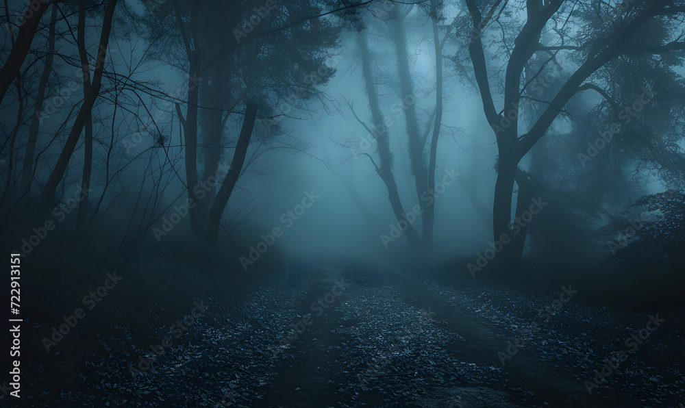 Foggy dark forest path horror melancholic background.Generative AI