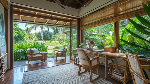 A tropical-themed home office with bamboo furniture, palm leaf prints, and a view of a lush garden.