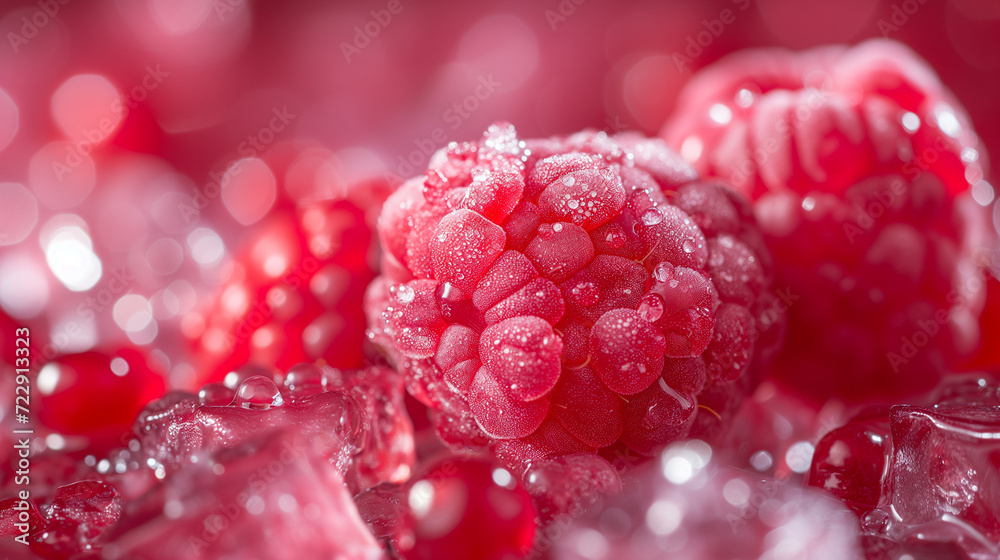 Close-Up Of Frozen Raspberries On White Marble Surface Close-Up Of Frozen Raspberries On White Marble Surface