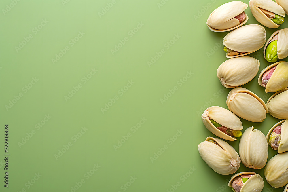 Pistachio nuts on green background with copy space. Pistachios are rich
