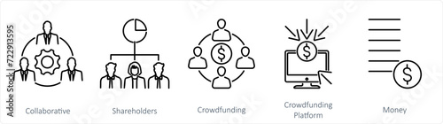 A set of 5 Crowdfunding icons as shareholders, crowdfunding, crowdfunding platform