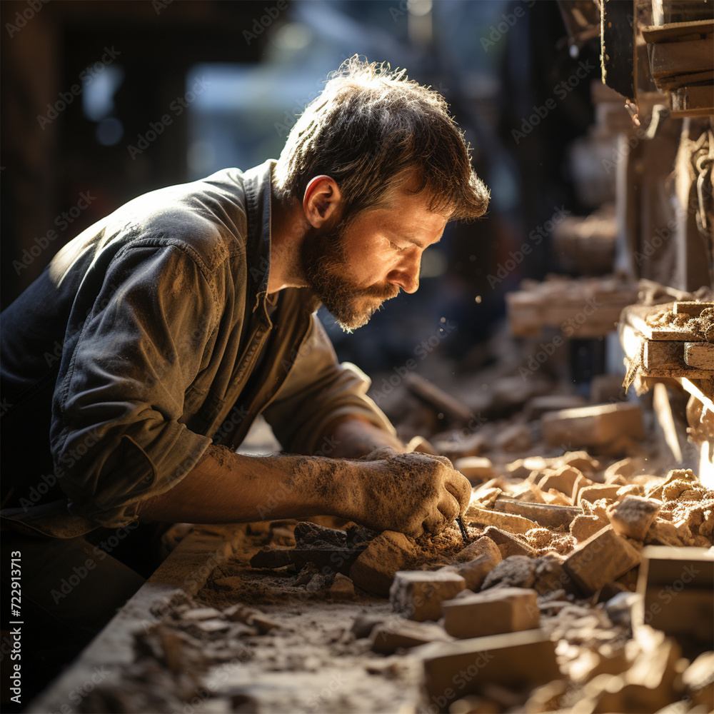 A focused craftsman disassembles parts in a sun-drenched workshop surrounded by boxes containing parts of objects. A focused craftsman disassembles parts in a sun-drenched workshop surrounded by boxes containing parts of objects.