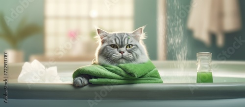 Funny pet cat relaxing at the spa Cat with a piece of cucumber in front of her eyes. Creative Banner. Copyspace image photo