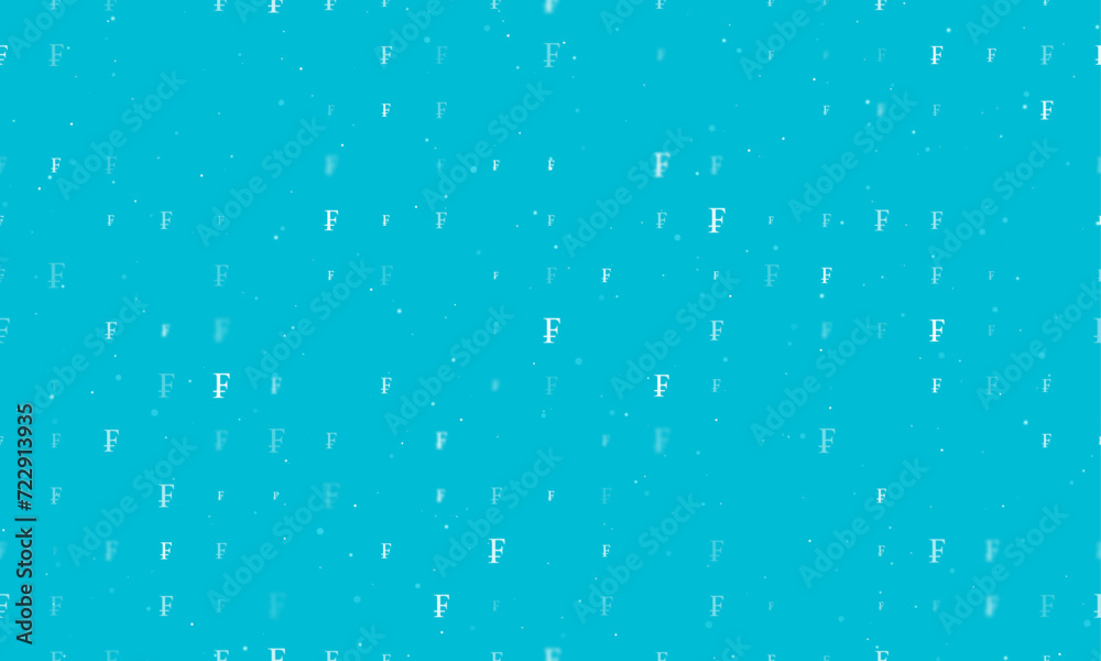 Seamless background pattern of evenly spaced white franc symbols of different sizes and opacity. Vector illustration on cyan background with stars Seamless background pattern of evenly spaced white franc symbols of different sizes and opacity. Vector illustration on cyan background with stars