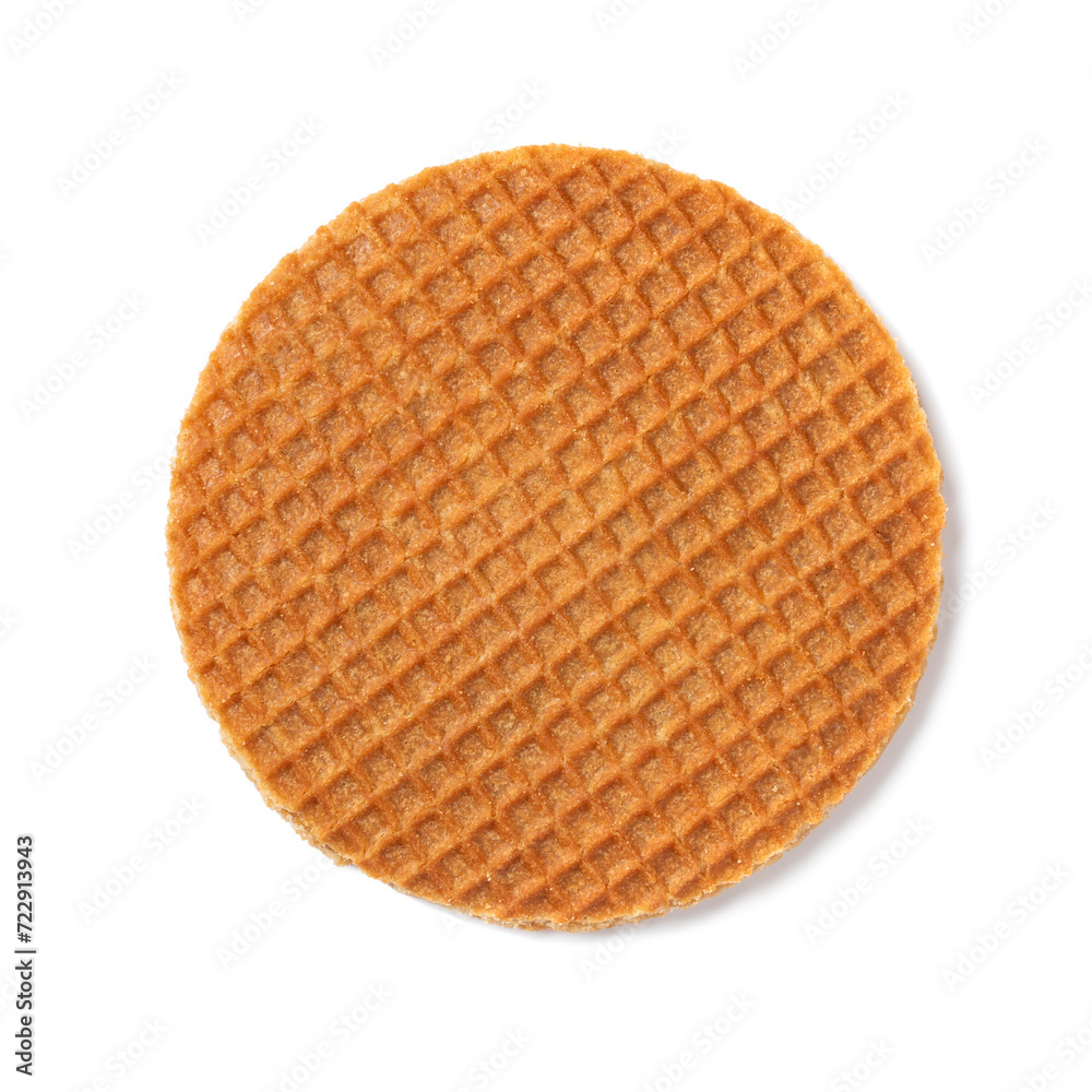 Single fresh baked stroopwafel , syrup waffle, isolated on white background close up