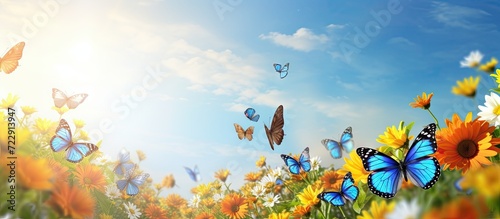 How beautifully beautiful butterflies are floating on the blue flowers it looks amazing full of green nature around open sky and shining sun around. Creative Banner. Copyspace image © HN Works