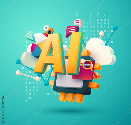 Conceptual 3d illustration of artificial intelligence. Large AI lettering and thematic symbols of technology. Realistic vector composition.