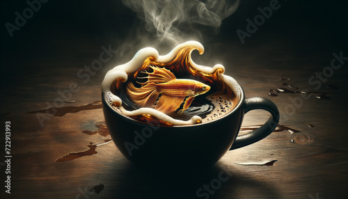 Fototapeta Naklejka Na Ścianę i Meble -  Artistic Image of a Coffee Cup with a 3D Goldfish Illusion
