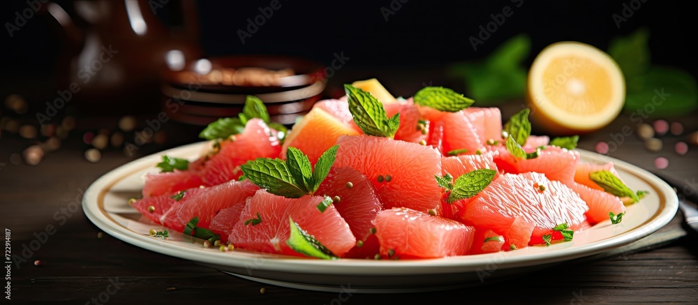 Homemade Citrus Salad with Grapefruit and Oranges selective focus. Creative Banner. Copyspace image