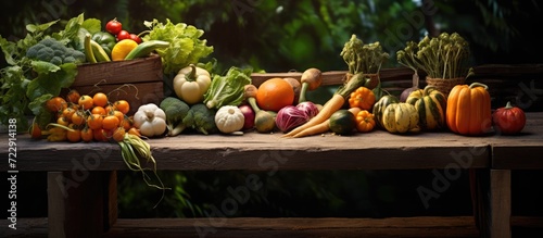 Harvesting vine basket fresh healthy vegetables and fruits from garden standing on wooden bench Green onion purple grapes carrot zucchini marigold flowers yellow and red bell pepper pods photo